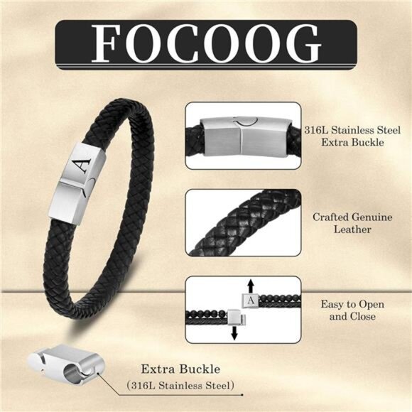 Mens Leather Bracelet Adjustable Magnetic Clasp Black Genuine Leather Gift for H - Picture 6 of 7